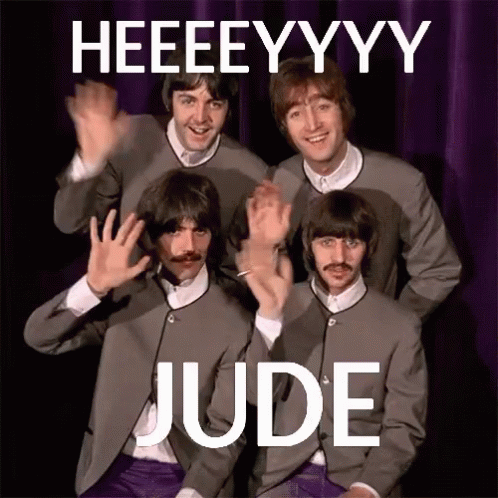 classic-em-ingles
DESCRIÇÃO DA IMAGEM: Os membros da banda "The Beatles" estão acenando para a câmera. Na imagem, está escrito "Heeeeyyyy Jude", título de uma de suas canções mais famosas.